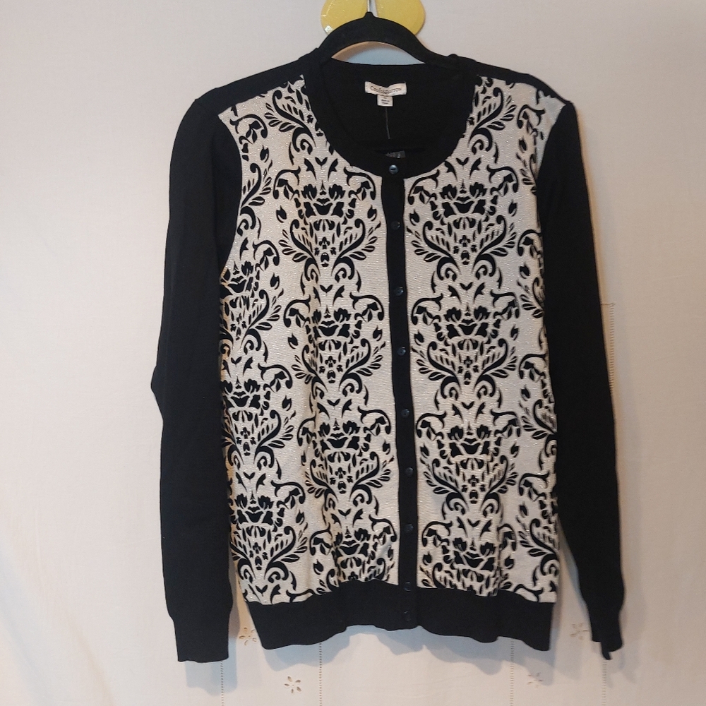 Croft & Barrow Black and White Metallic Silver Damask Cardigan